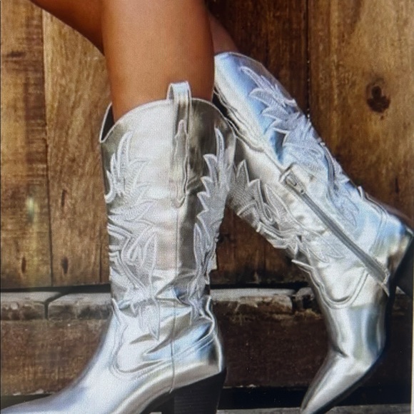 Altar'd State Shoes - Altar’d State Mettalix Silver Cowboy Boots
